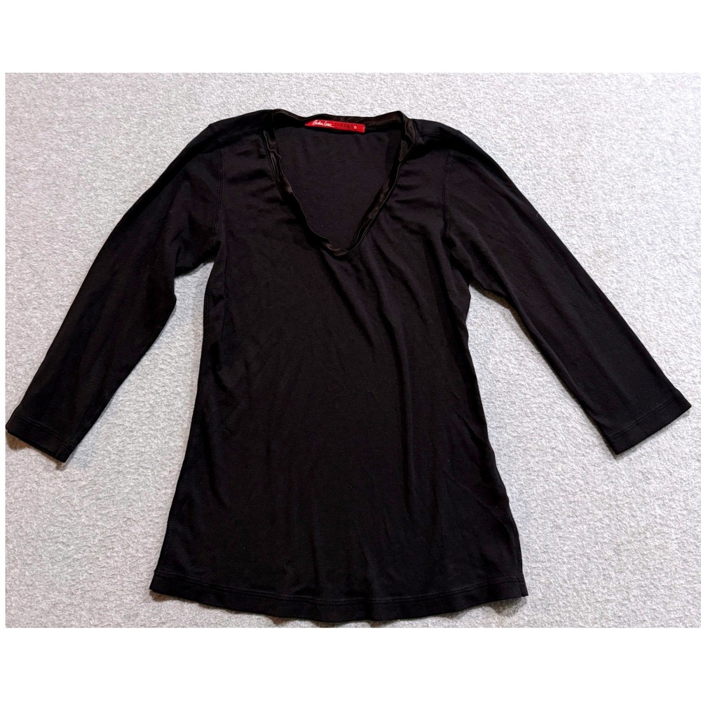 Barbara Lesser Fibers Black V-Neck Long Sleeve Top Satin Trim 1203TR Size S